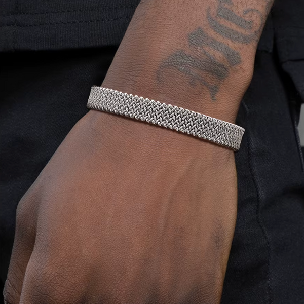 Mesh Chain Open Bangle in White Gold