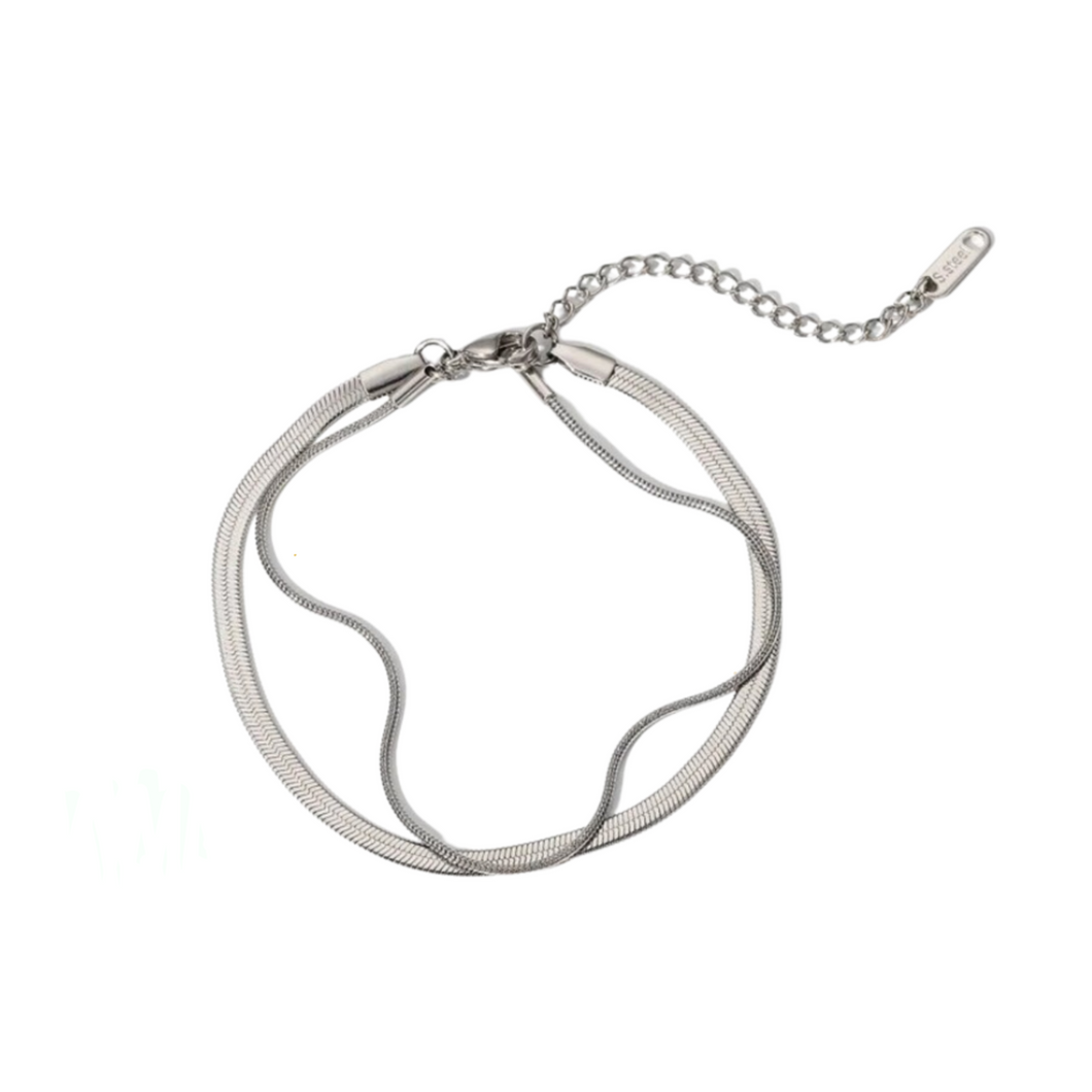 Serena Double Flat Snake Bracelet - Silver Color